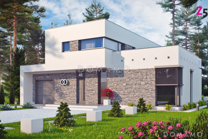 Проект современного двухэтажного дома из газобетона в стиле модерн, с террасой на втором уровне, с гаражом