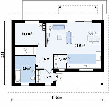 Проект одноэтажного мансардного дома из кирпича с большим техническим помещением и тремя спальнями / План 1 этажа