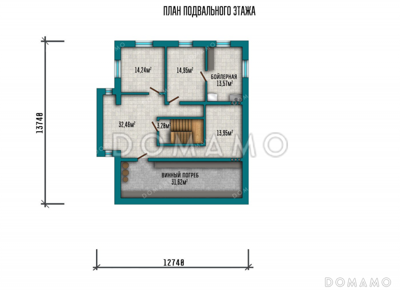 Проект двухэтажного дома с подвалом и гаражом на два автомобиля / План цокольного этажа