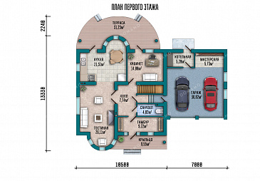 Проект дома-замка с гаражом на два автомобиля, башенкой и полукруглой террасой / План 1 этажа