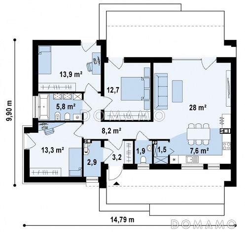 Проект одноэтажного дома из газобетона с плоской крышей с тремя спальнями / План 1 этажа