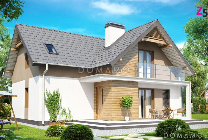 Проект мансардного дома из газобетона с тремя спальнями и кабинетом, балконом и гаражом 