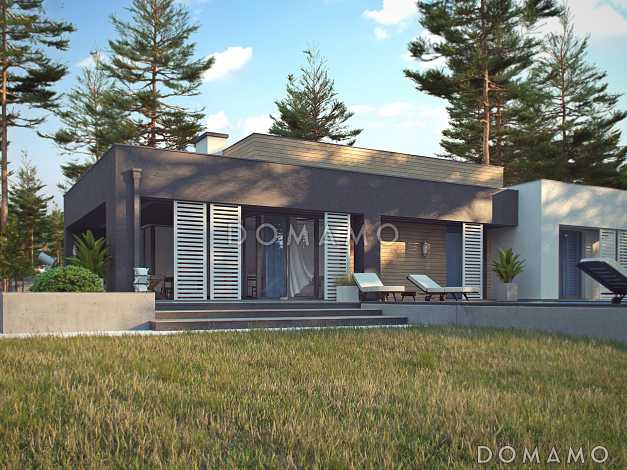 Проект одноэтажного дома с плоской крышей, большой террасой,  тремя спальнями