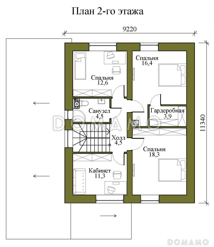 Проект двухэтажного каркасного дома с гаражом на два машиноместа, тремя спальнями и кабинетом на втором этаже / План 2 этажа