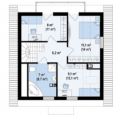 Проект одноэтажного дома из кирпича с тремя спальнями на мансардном этаже / План мансардного этажа