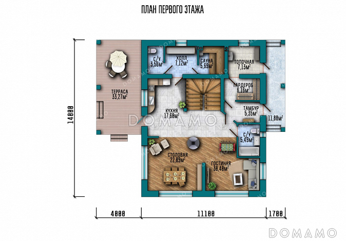 Проект дома из газобетона с террасой и тремя спальнями / План 1 этажа