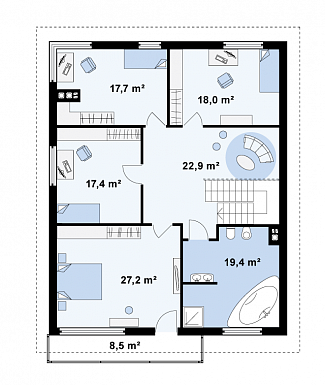 Проект большого двухэтажного дома из кирпича с цокольным этажом и подземным гаражом / План 2 этажа