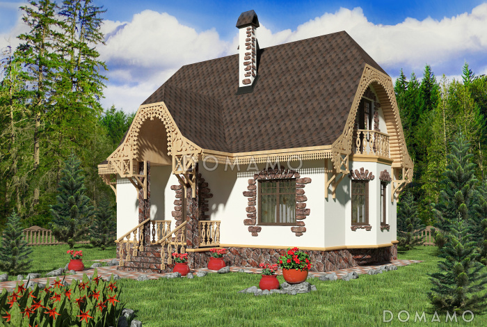 Проект небольшого дома из кирпича с декором из камня