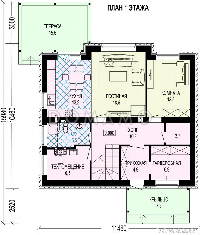 Проект двухэтажного дома с крытой террасой, кабинетом и 4 спальнями / План 1 этажа