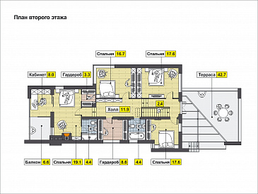 Проект дома с косой крышей, гаражом на две машины, просторной гостиной с камином, хозяйской спальней с камином и балконом, крытой террасой / План мансардного этажа