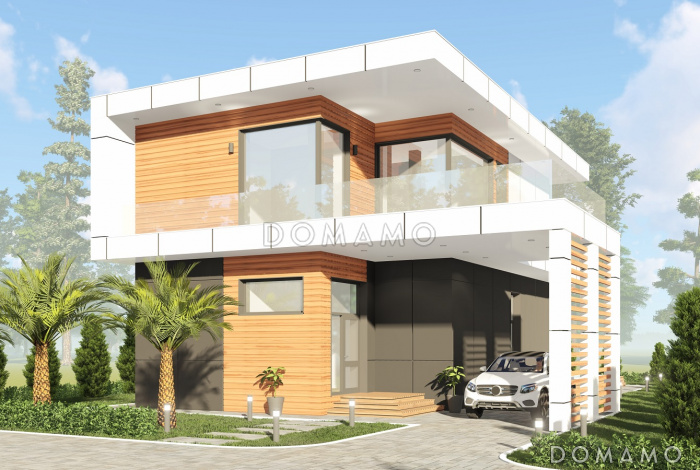 Проект дома с большой террасой и навесом для автомобиля S-158