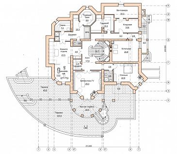 Проект парадного коттеджа с красивым холлом и террасой / План цокольного этажа