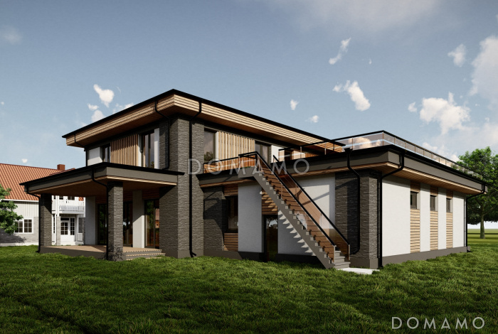 Проект дома с эксплуатируемой кровлей гаража, мастер-спальней, тремя детскими и гостевой