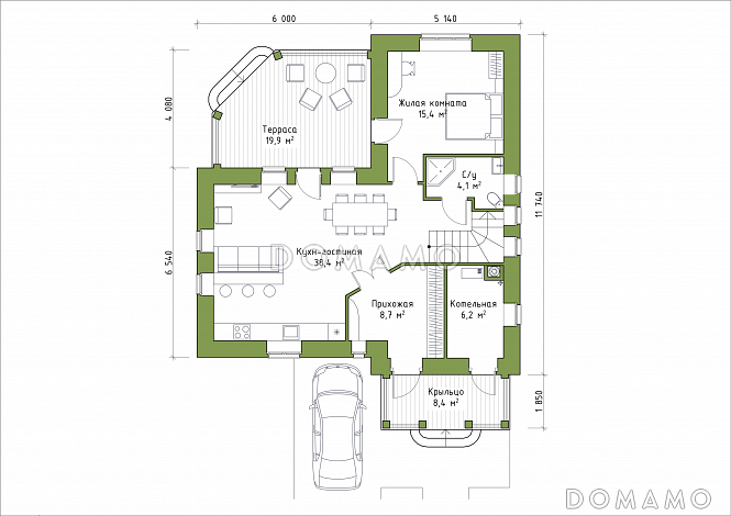 Проект углового коттеджа из СИП панелей с большой террасой / План 1 этажа