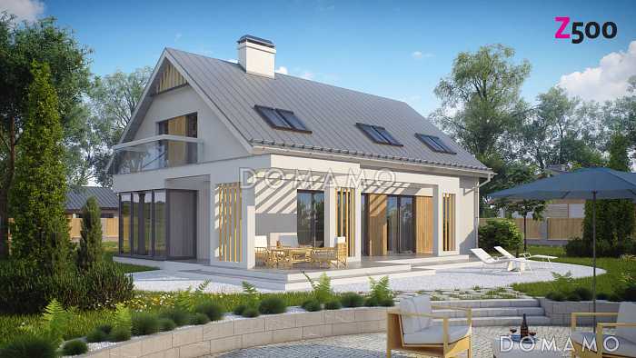 Проект одноэтажного мансардного дома из кирпича со стеклянным эркером в кухонной зоне, двумя балконами и гаражом