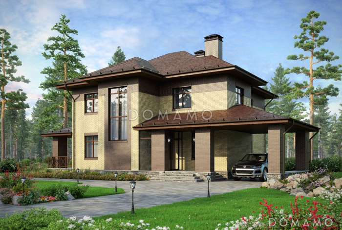 Проект коттеджа из кирпича с двуцветной облицовкой и хозяйским санузлом