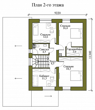 Проект двухэтажного газобетонного дома с гаражом на два машиноместа, тремя спальнями и кабинетом на втором этаже / План 2 этажа