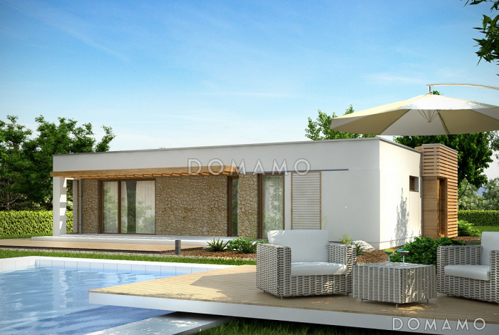 Проект одноэтажного дома с террасой, кухней и гостиной без перегородки