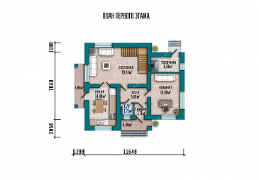 Проект одноэтажного дома с большой гостиной и мансардой / План 1 этажа