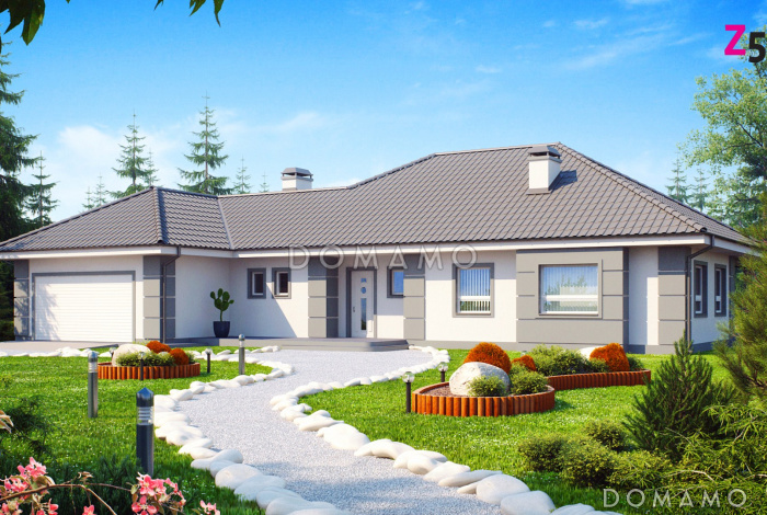 Проект одноэтажного дома из кирпича с просторной гостиной и с большим пристроенным гаражом