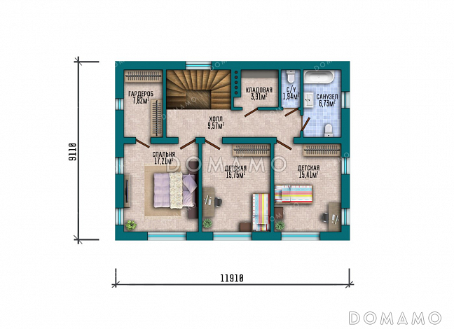 Проект двухэтажного дома с 4 спальнями, совмещенной кухней-гостиной и 4 санузлами / План 2 этажа