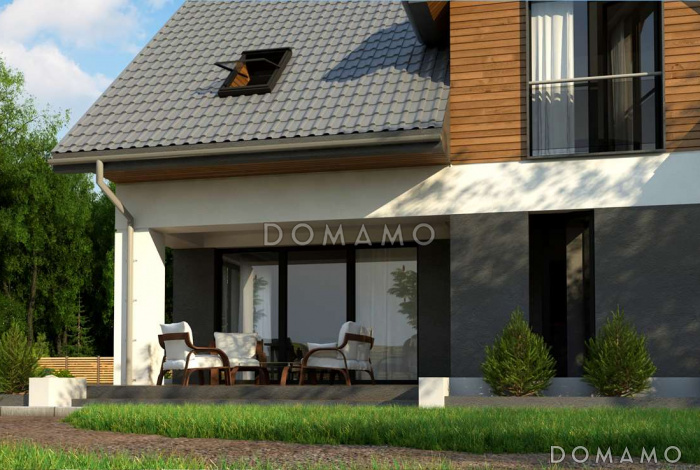 Проект современного одноэтажного мансардного дома из кирпича с кабинетом и гаражом