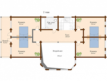Проект двухэтажного дома из клееного бруса с общим балконам на две спальни / План мансардного этажа