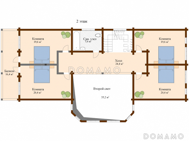 Проект двухэтажного дома из клееного бруса с общим балконам на две спальни / План мансардного этажа