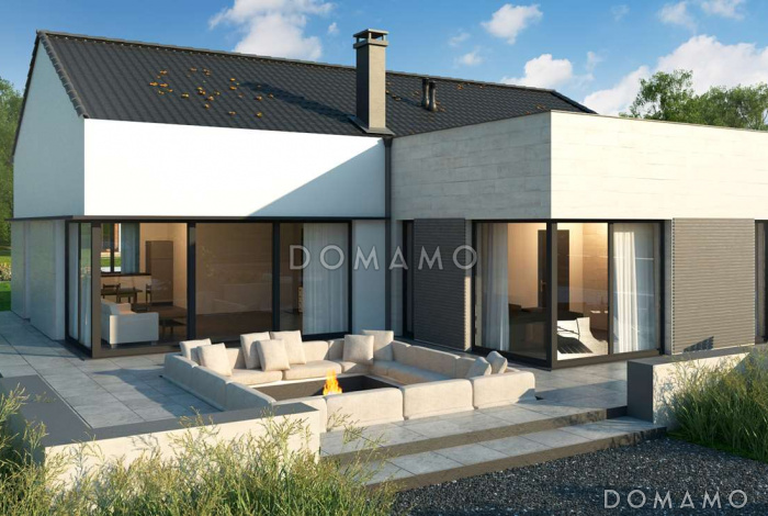 Проект комфортного одноэтажного дома из кирпича с гаражом и панорамным остеклением гостиной