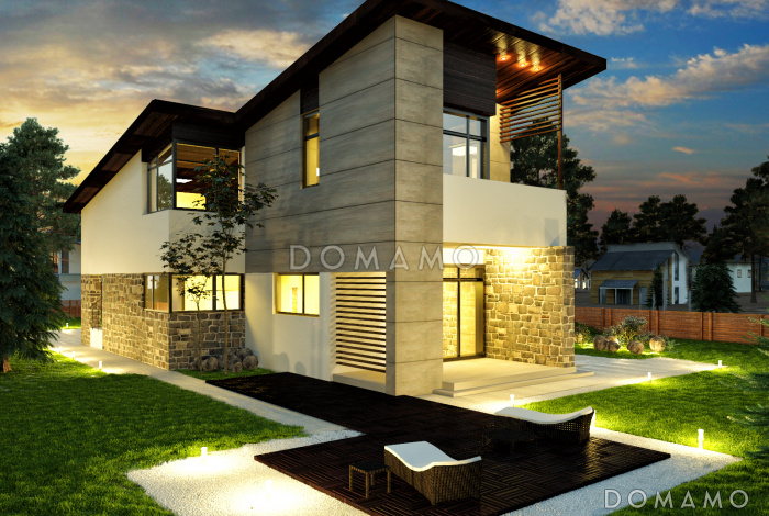 Проект дома с косой крышей, гаражом на две машины, просторной гостиной с камином, хозяйской спальней с камином и балконом, крытой террасой