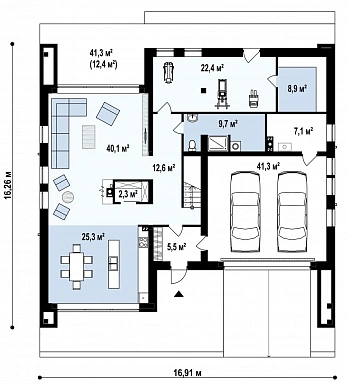 Проект современного двухэтажного дома из кирпича с тремя спальнями, спортзалом, сауной и гаражом для двух автомобилей / План 1 этажа