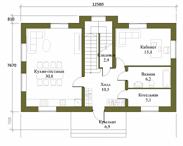 Проект компактного двухэтажного коттеджа с пятью спальнями / План 1 этажа