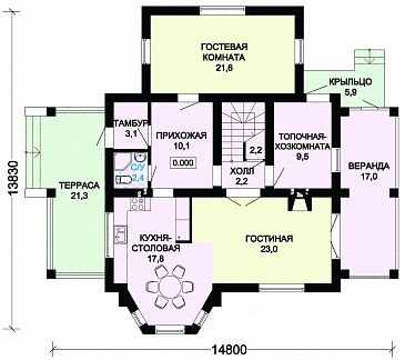 Проект дома из газобетона с просторной верандой / План 1 этажа