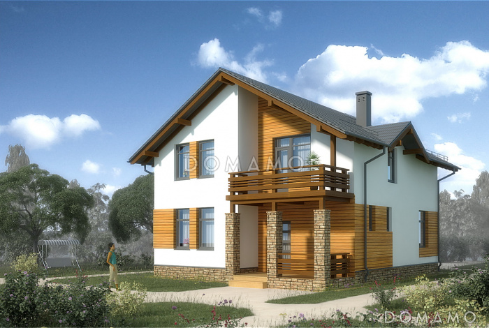 Проект белого дома с эркером кухни и серой кровлей