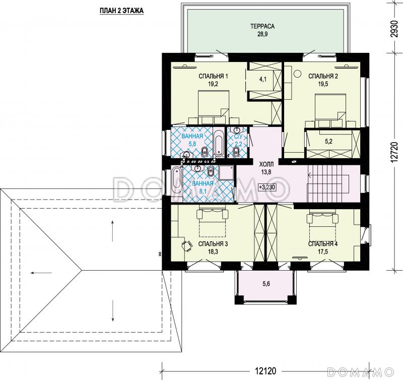 Проект газобетонного двухэтажного особняка с двойным гаражом / План 2 этажа