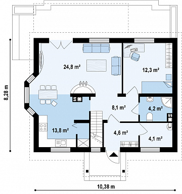 Проект одноэтажного мансардного дома из кирпича с боковым эркером / План 1 этажа