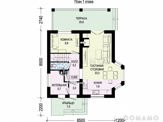 Проект одноэтажного мансардного дома из СИП панелей с тремя спальнями, кабинетом, эркером и крытой террасой / План 1 этажа