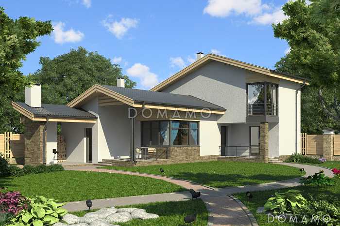 Проект дома с  крытой террасой, дровником, гостиной с камином, парной, двумя спальнями на мансардном этаже