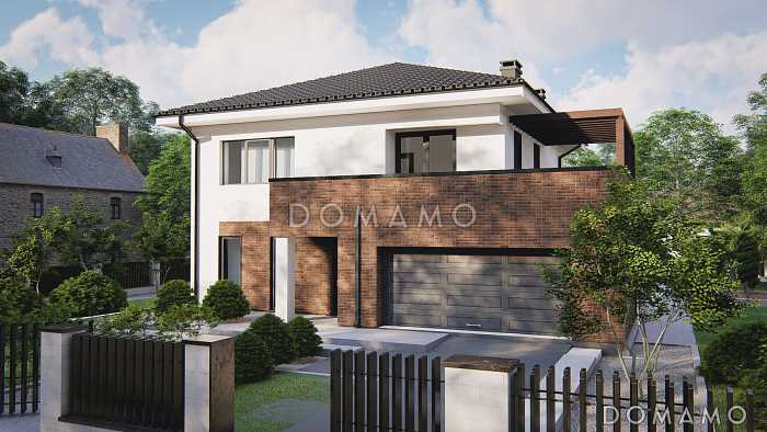 Проект двухэтажного дома с гаражом на два автомобиля с проходом в кухню через  кладовую, мастер-спальней на втором этаже, балконом