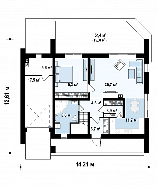 Проект современного двухэтажного дома из газобетона с дополнительной спальней на первом этаже, гаражом и открытой террасой на втором этаже / План 1 этажа