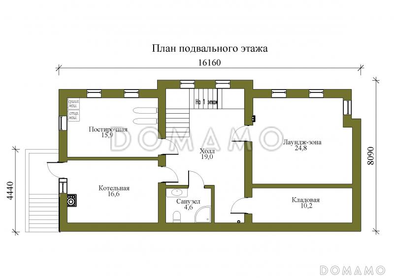 Проект двухэтажного дома в стиле фахверк с подвалом и лаундж-зоной / План цокольного этажа