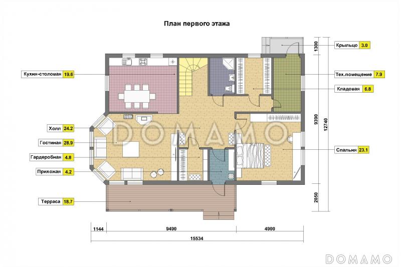 Проект дома из пеноблоков с постирочной на мансардном этаже / План 1 этажа