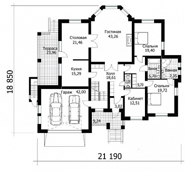 Проект вместительного дома с мансардой, сауной и небольшим бассейном / План 1 этажа