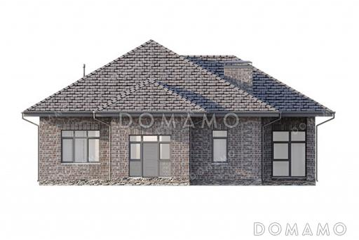 Проект практичного одноэтажного дома с крытой террасой, застекленной верандой, тремя спальнями, кабинетом и тремя санузлами / Фасад 4