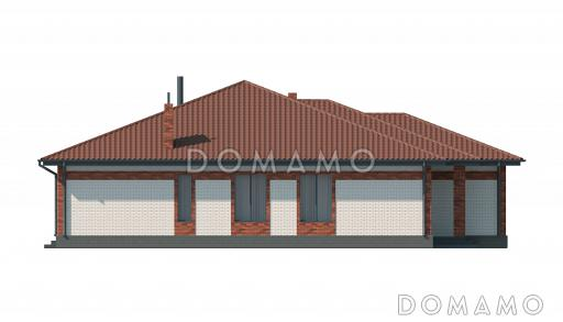 Проект одноэтажного дома с террасой и гаражом, просторной кухней-столовой, хозяйской спальней  / Фасад 3