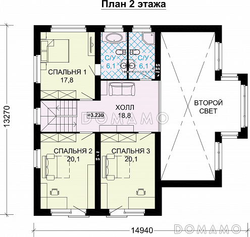 Проект дома по технологии ЛСТК с панорамными окнами и натуральной черепицей / План мансардного этажа