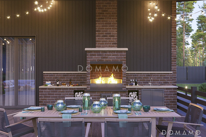 Проект мансардного дома из газобетона с террасой барбекю, автонавесом и сауной