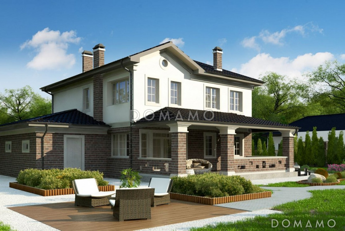 Проект современного двухэтажного дома из газобетона с пятью комнатами, гаражом и крытой террасой