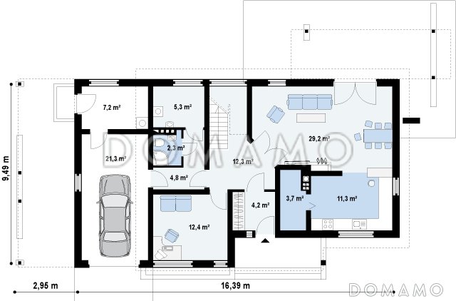 Проект двухэтажного дома из газобетона с четырьмя комнатами, гаражом и открытой террасой над ним / План 1 этажа