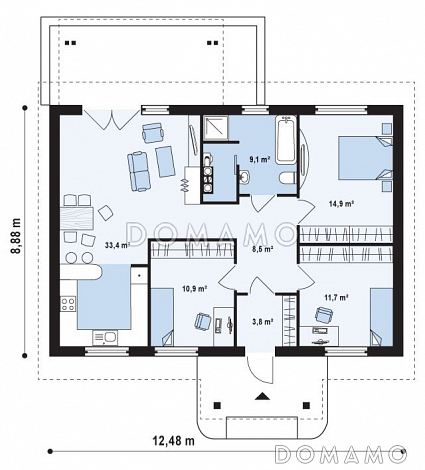 Проект одноэтажного дома из газобетона с тремя спальнями и террасой / План 1 этажа